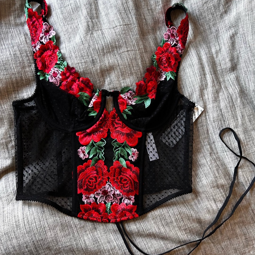 Floral Embroidered Black and Red Bustier